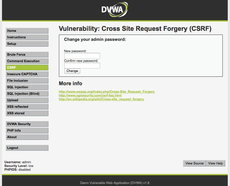 DVWAのCSRFページ