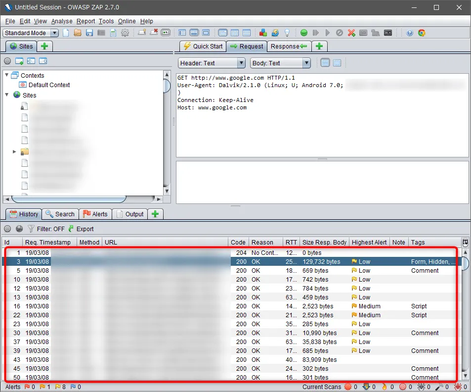 ZAPでインターセプト成功